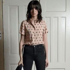 Straight to Hell Punk Pink & Black Polka Dot Short Sleeve Blouse, M, EUC